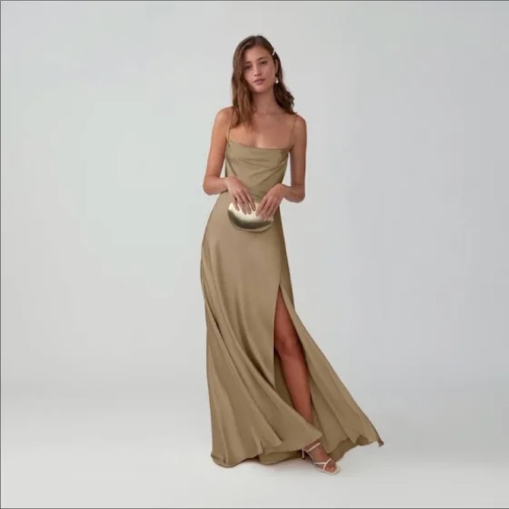 Fame and Partners Strappy Draped Gown - Matte Satin Dark Tan size 6